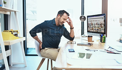 Buy stock photo Businessman with stress, back pain and headache in the office while working on a project. Medical emergency, healthcare and mature professional employee with a migraine and sprain muscle in workplace