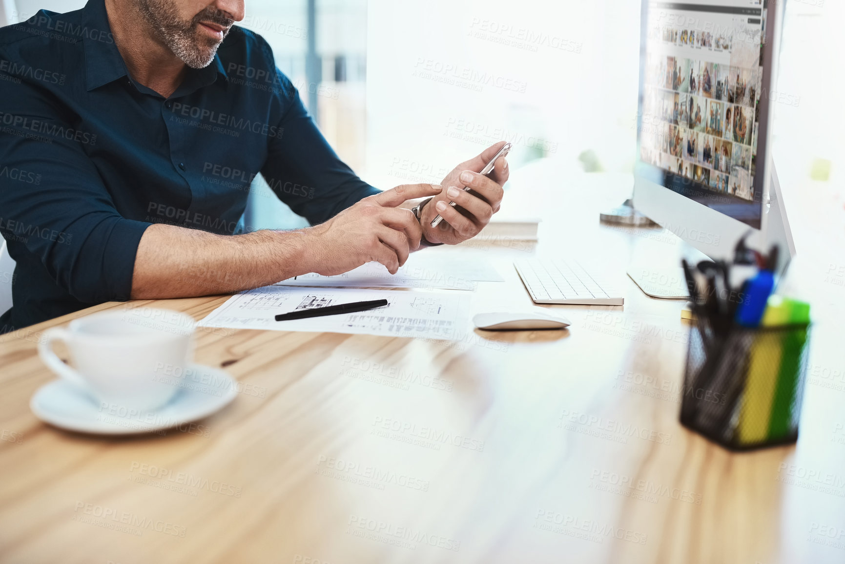 Buy stock photo Businessman, planning and phone in hands at office with schedule, reminder and notes in app. Typing, email and person chat to client contact with info, update or news on internet with social media