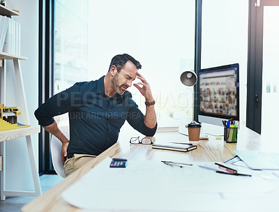 Buy stock photo Businessman with back pain, injury and headache from stress in the office while working on project. Medical emergency, healthcare and mature male employee with migraine and sprain muscle in workplace