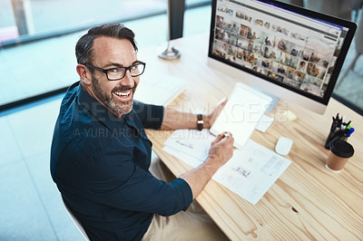 Buy stock photo Tablet, screen and portrait of businessman planning in office with creative notes in app. Writing, email and working with client contact with info, research or news on internet with social media