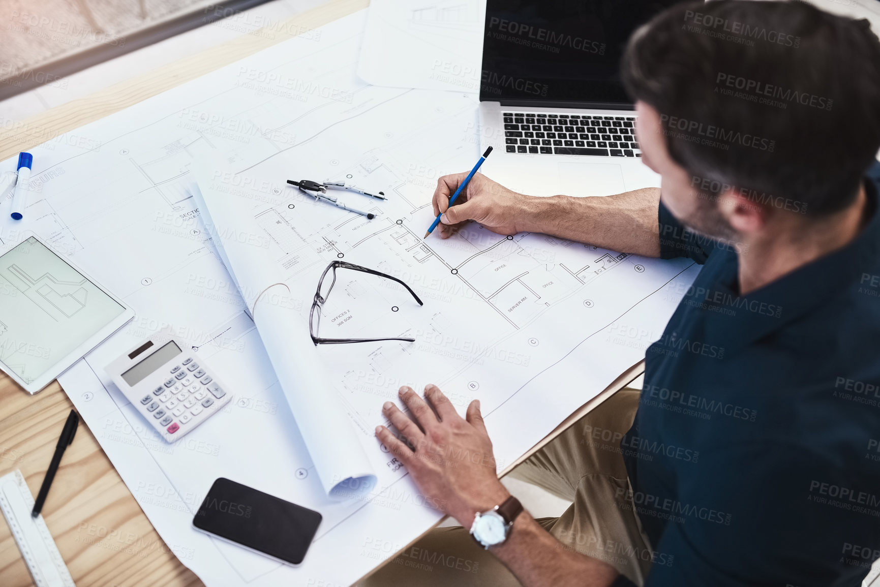 Buy stock photo Man, architect and drawing floor plan for house development design or creative process, renovation or project. Male person, blueprint and brainstorming for building contractor, maintenance or desk