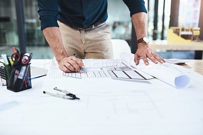 Buy stock photo Architect, hands and blueprint on table for drawing, sketch and construction design in office. Architecture, creativity or person with pen for renovation, floor plan and layout planning in workplace