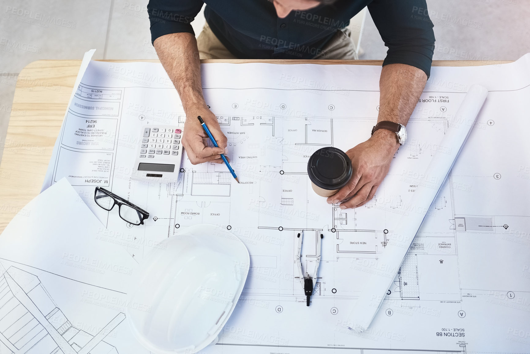 Buy stock photo Man, hands and drawing architecture floor plan from above with take away coffee, development or blueprint. Male person, desk and project planning or creative draft for renovation, building or skill