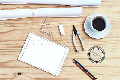 Buy stock photo High angle shot of an architect's work desk
