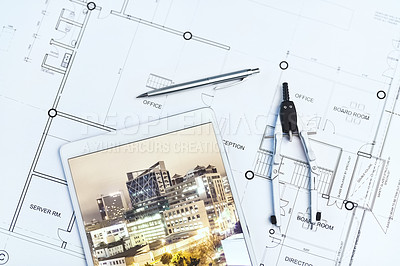 Buy stock photo High angle shot of an architect's work desk