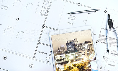 Buy stock photo Architecture, blueprint and tablet or drawing top view for 
development with 3d design, digital app or floor plan. Technology, tools and project planning or renovation website, sketch or creative
