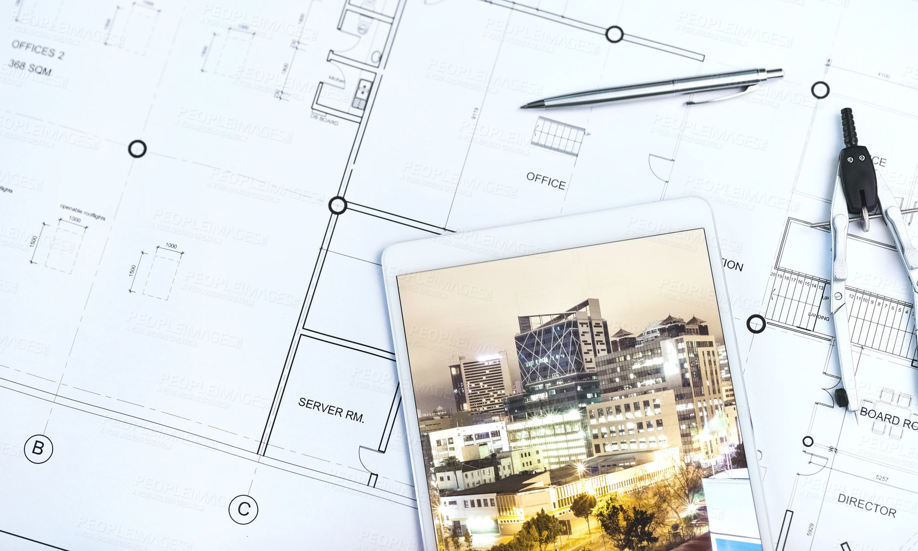 Buy stock photo Architecture, blueprint and tablet or drawing top view as development with building design, digital app or floor plan. Technology, tools and project planning or renovation website, sketch or creative