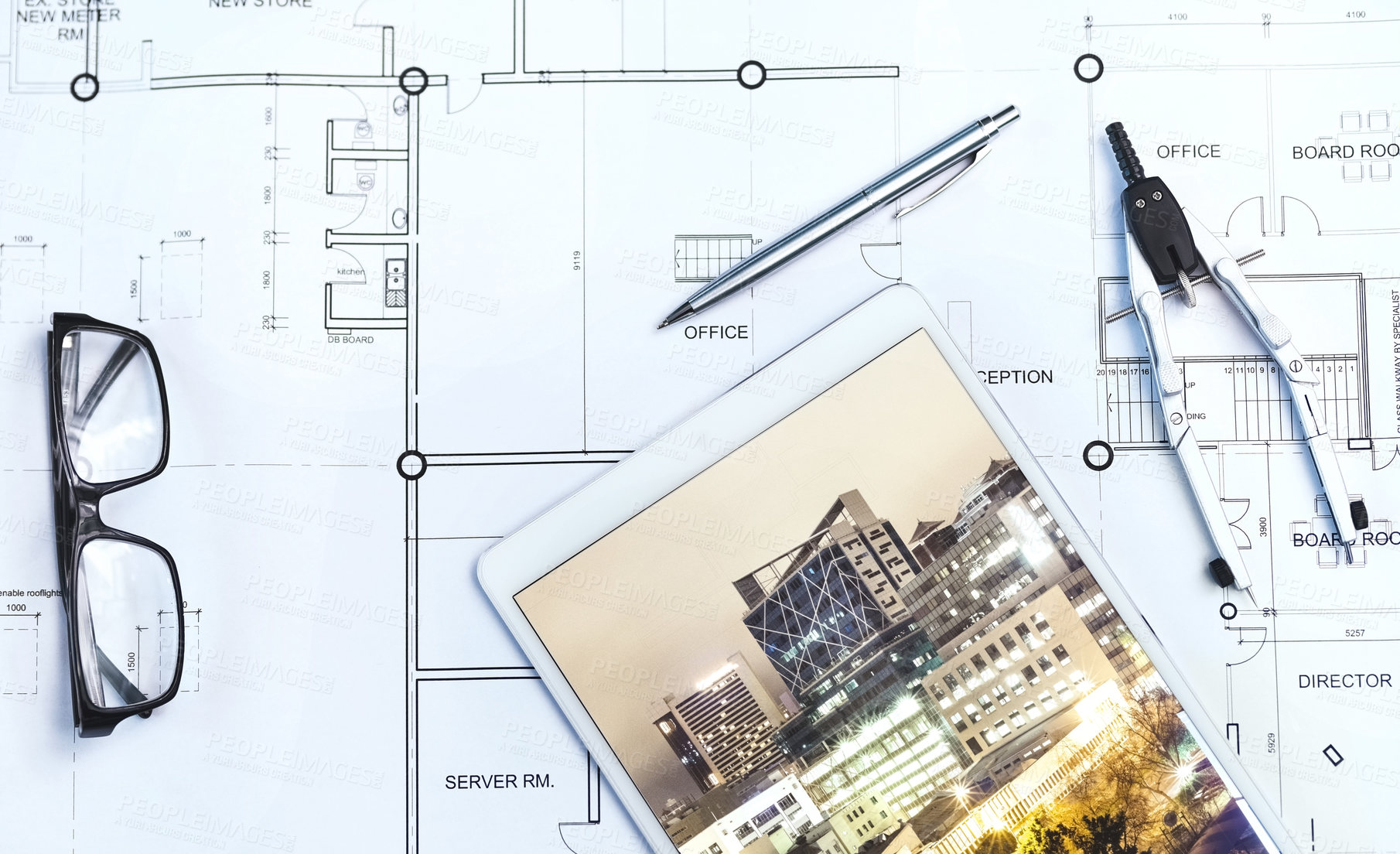 Buy stock photo High angle shot of an architect's work desk