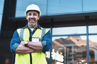 Buy stock photo Engineering, building and arms crossed with portrait of man in city for planning, designer or industry. Architecture, project management or infrastructure with male contractor on construction site