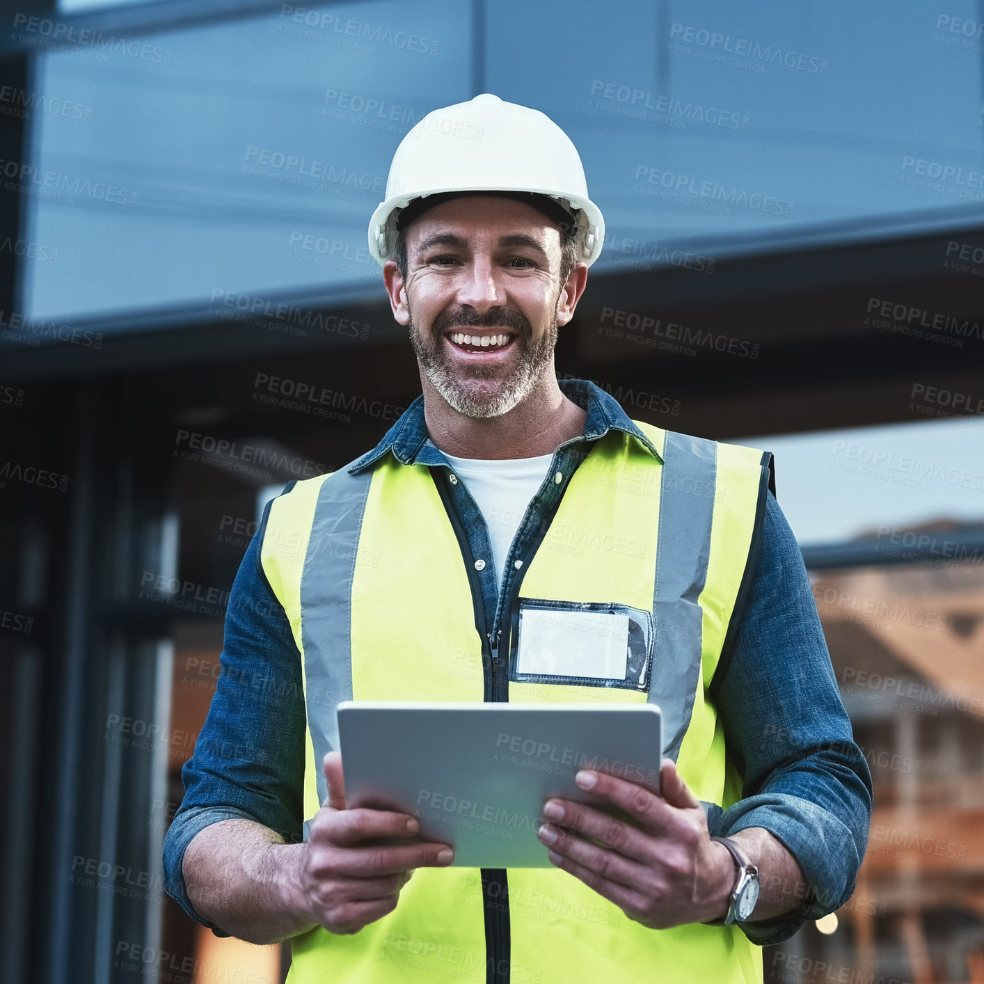 Buy stock photo Tablet, man and portrait of construction worker in city for building renovation repairs or maintenance. Planning, reading and male engineer with digital technology for industry project in urban town.