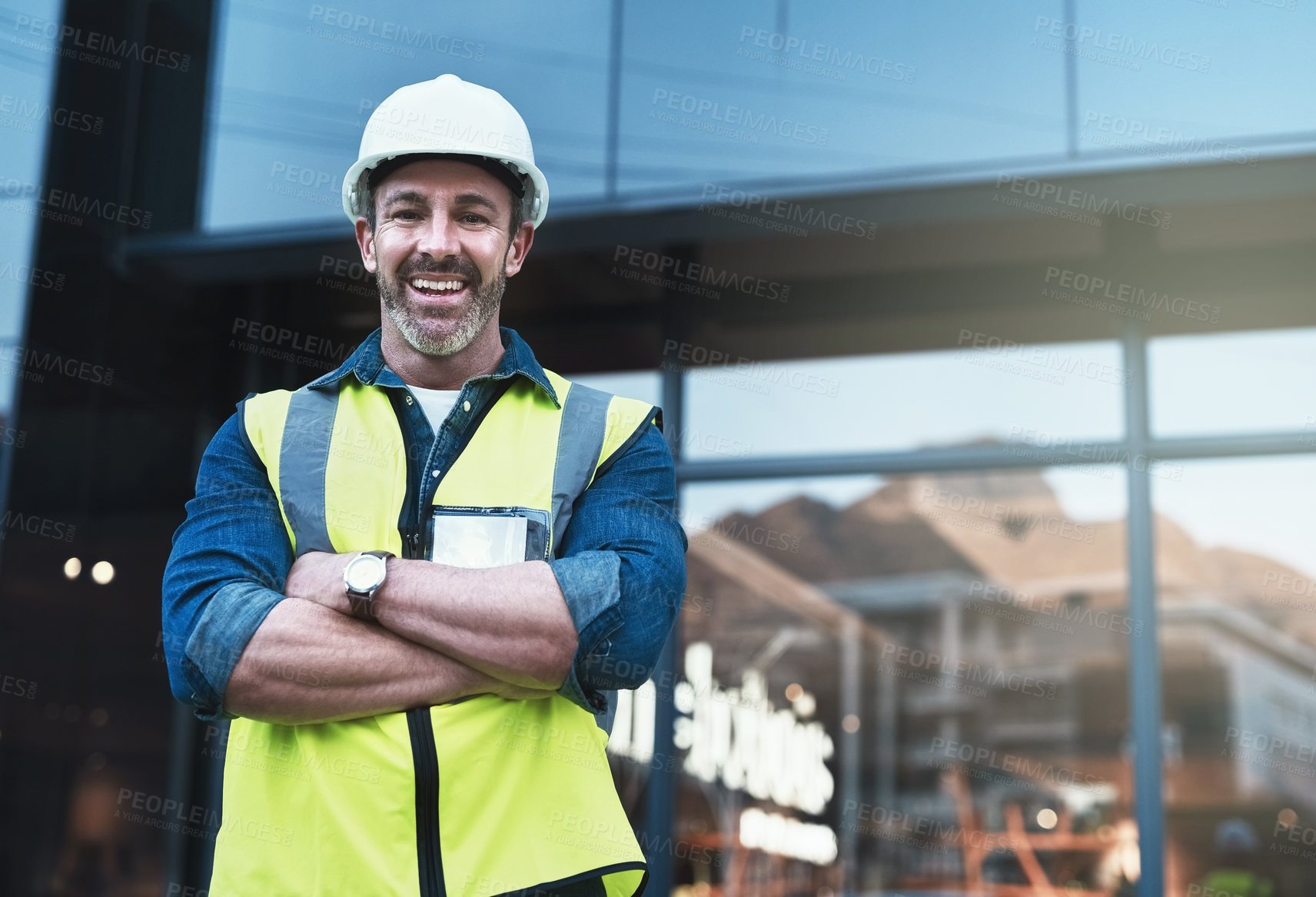 Buy stock photo Engineering, arms crossed and architecture with portrait of man in city for planning, designer or industry. Building, project management or infrastructure with male contractor on construction site 