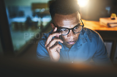 Buy stock photo Office, computer and businessman at night reading for website, research and web design software. Creative, working late and worker on pc for programming, information technology and cybersecurity