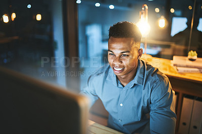 Buy stock photo Business, computer and happy man at night for website, research and web design software. Corporate, company and worker on pc working late for programming, information technology and cybersecurity
