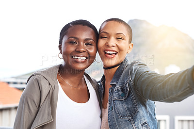 Buy stock photo Happy, selfie and portrait of girl friends in city together for vacation, holiday or adventure. Smile, outdoor and young women with photography picture for memory in urban town on weekend trip travel