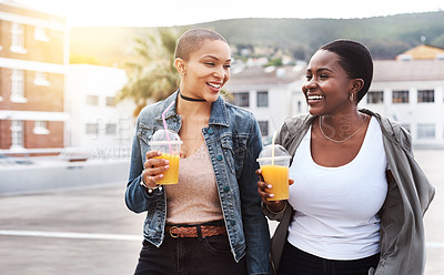 Buy stock photo Happy, woman and orange juice with laughter in urban street for funny joke, comedy and conversation . Smile, female people and fruit drink for vitamin, nutrition and talking about wellness and health