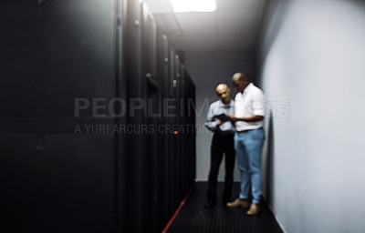 Buy stock photo Server room, men or blurry technicians on technology together for cybersecurity glitch with teamwork. Coding IT support code, collaboration or African engineers fixing network for information tablet 