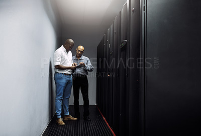 Buy stock photo Server room, people or technicians with tablet for cybersecurity or internet glitch with teamwork. IT support help, collaboration or African engineers fixing network data for information technology 
