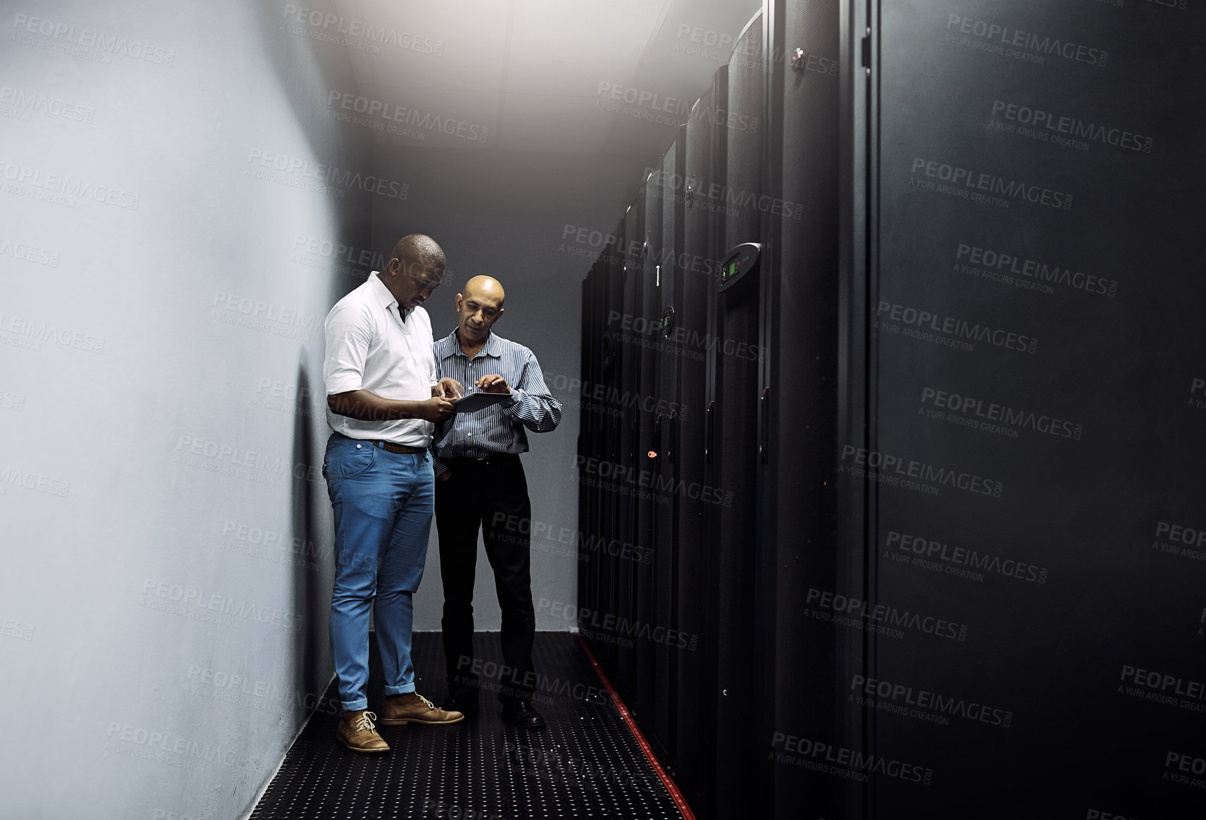 Buy stock photo Server room, people or technicians with tablet for cybersecurity or internet glitch with teamwork. IT support help, collaboration or African engineers fixing network data for information technology 