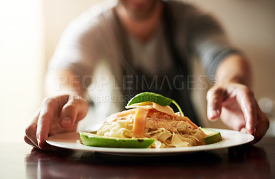 Buy stock photo Restaurant, customer service of hands or waiter with pasta meal, offer or gourmet brunch dish. Hotel, hospitality or man server with plate presentation for catering, fast food and health or nutrition