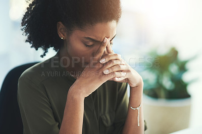 Buy stock photo Burnout, stress and business woman in office with problem, mistake and working on deadline. Headache, anxiety and African female worker with frustrated, stressed out and migraine thinking of solution