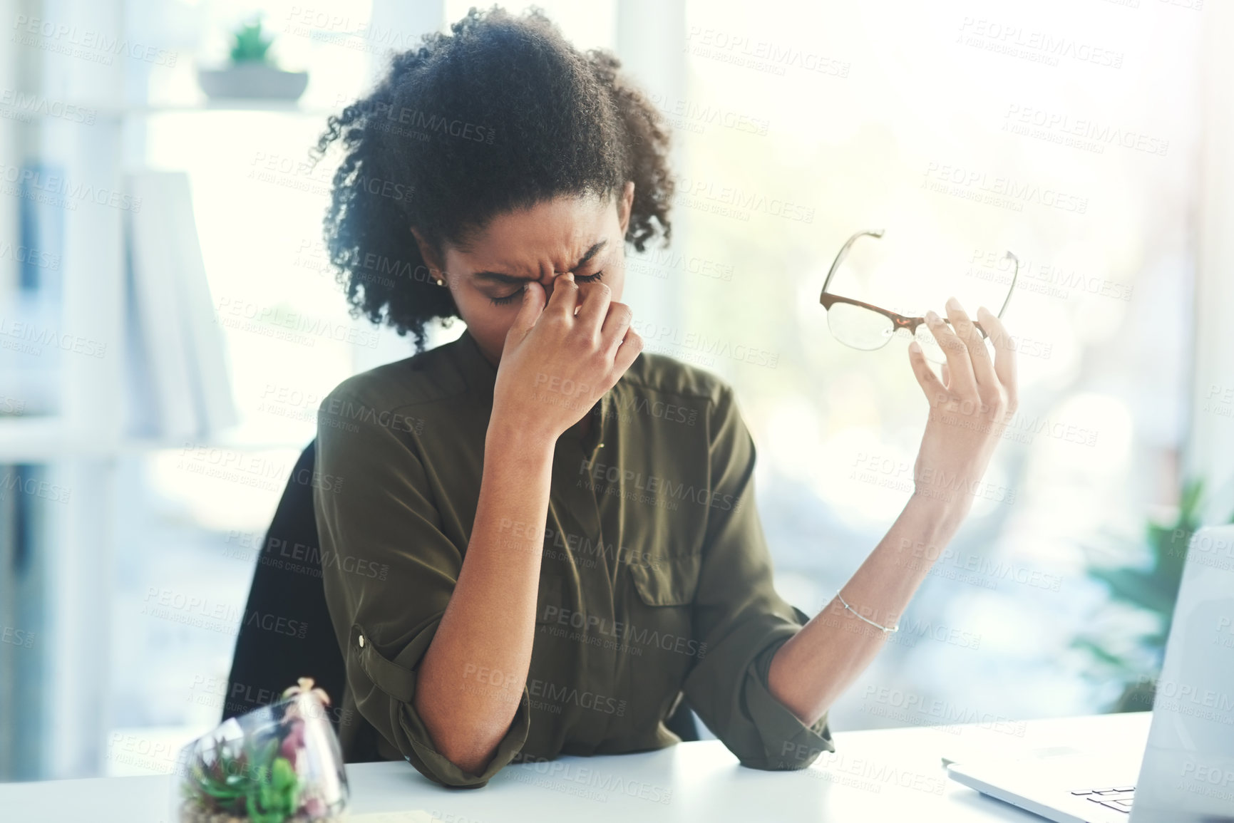 Buy stock photo Frustrated, headache and business woman in office with problem, mistake and working on deadline. Burnout, anxiety and African female worker with stress, fatigue and migraine thinking of solution