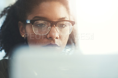 Buy stock photo Business woman, laptop and working with online research, internet and content creation for website. Ux developer, planning and tech with startup employee and digital job of professional with glasses