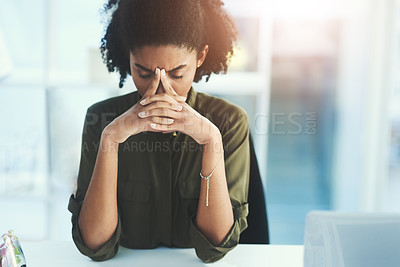 Buy stock photo Headache, frustrated and business woman in office with problem, mistake and working on deadline. Burnout, anxiety and African female worker with worry, stressed out and migraine thinking of solution
