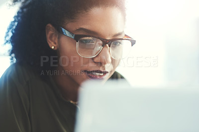 Buy stock photo Business woman, laptop and working on seo research, internet and content creation for website. Ux developer, planning and tech with startup employee and digital job of professional with glasses