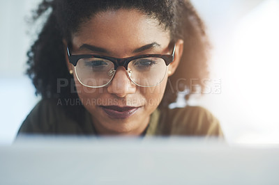 Buy stock photo Business woman, laptop and office with seo work, internet research and content creation online. Website developer, planning and tech with startup employee and digital job of professional with glasses