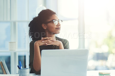 Buy stock photo Laptop, thinking and business black woman in office for planning, brainstorming ideas and problem solving. Corporate, consultant and person by window with computer for project, research and online