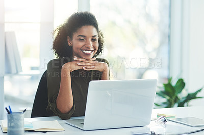 Buy stock photo Business, portrait and happy woman with laptop in office for research, planning or case study at law firm. Legal, help and friendly lawyer with paperwork for idea, notes or compliance documents