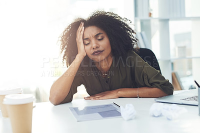 Buy stock photo Stress, burnout and tired business woman in office with fatigue, overworked and exhausted from working. Sleeping, anxiety and African female worker lazy for deadline, workload and pressure at desk