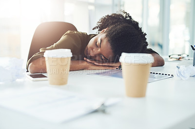 Buy stock photo Tired, sleeping and business woman on desk with fatigue, stress and exhausted working in office. Burnout, overworked and lazy African female worker overwhelmed for deadline, workload and pressure
