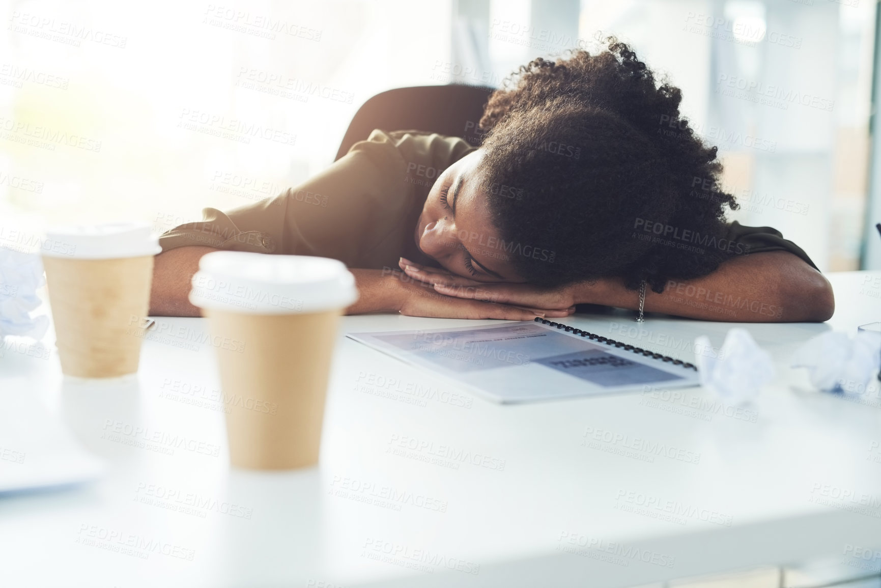Buy stock photo Nap, sleeping and business woman in office with fatigue, tired and exhausted from working. Burnout, overworked and African female worker overwhelmed with stress for deadline, workload and pressure