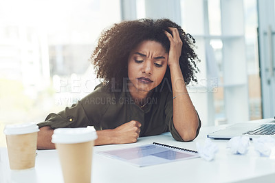Buy stock photo Burnout, stress and business woman in office for fatigue, overworked and exhausted from working. Anxiety, tired and African female worker overwhelmed with proposal deadline, workload and pressure