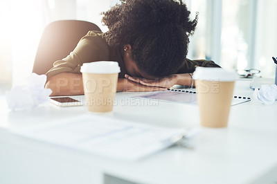 Buy stock photo Stress, sleeping and tired business woman in office with fatigue, overworked and exhausted from working. Burnout, nap and African female worker overwhelmed for deadline, workload and pressure at desk