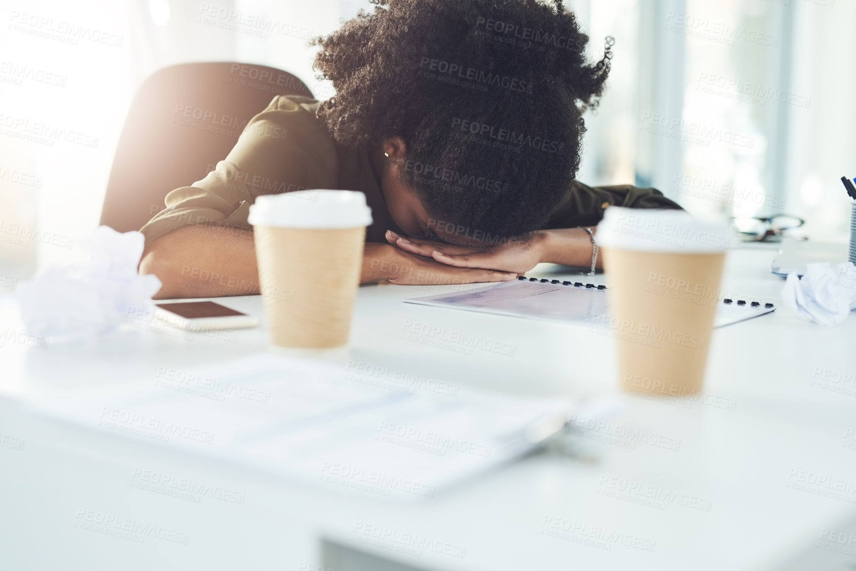 Buy stock photo Stress, sleeping and tired business woman in office with fatigue, overworked and exhausted from working. Burnout, nap and African female worker overwhelmed for deadline, workload and pressure at desk