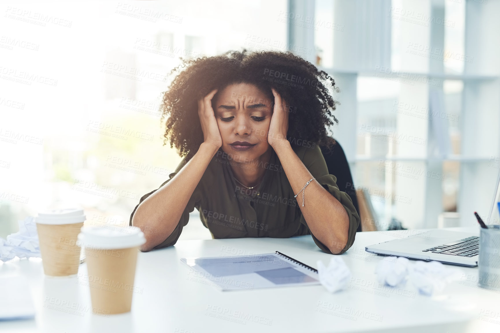 Buy stock photo Stress, burnout and tired business woman in office with fatigue, overworked and exhausted from working. Anxiety, headache and African female worker overwhelmed for deadline, workload and pressure
