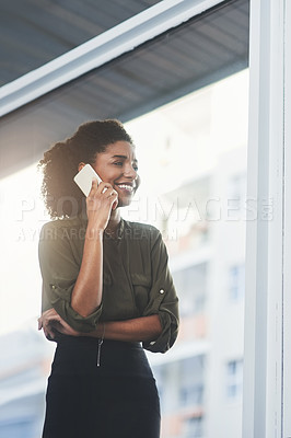 Buy stock photo Phone call, window and business black woman for conversation, online contact and talking. Corporate consultant, office and happy worker on smartphone for communication, b2b networking and connection