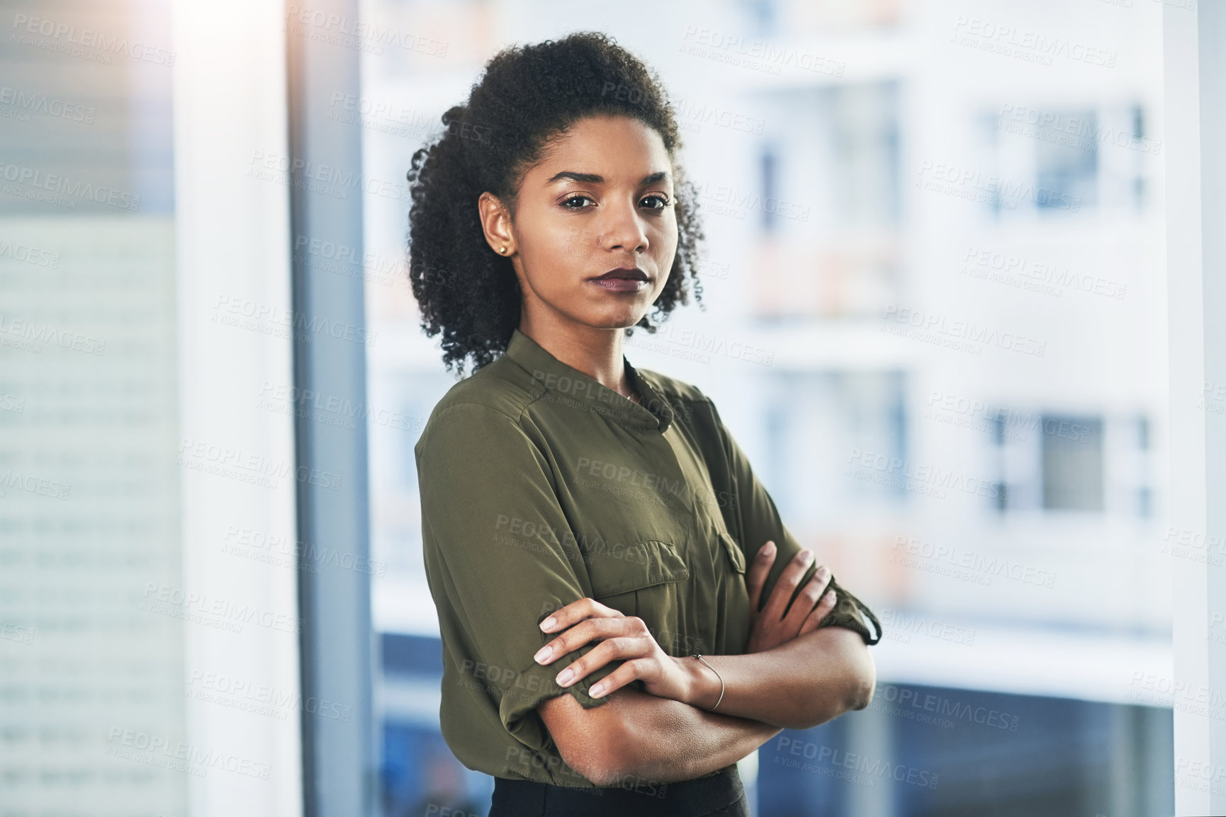 Buy stock photo Businesswoman, portrait and arms crossed at office window as corporate professional, financial advisor or confidence. Female person, face and investment broker for company growth, deal or about us