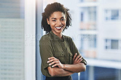 Buy stock photo Happy business woman, portrait and window with confidence or career mindset for management at office. Female person, employee or young creative with smile for pride, ambition or startup at workplace