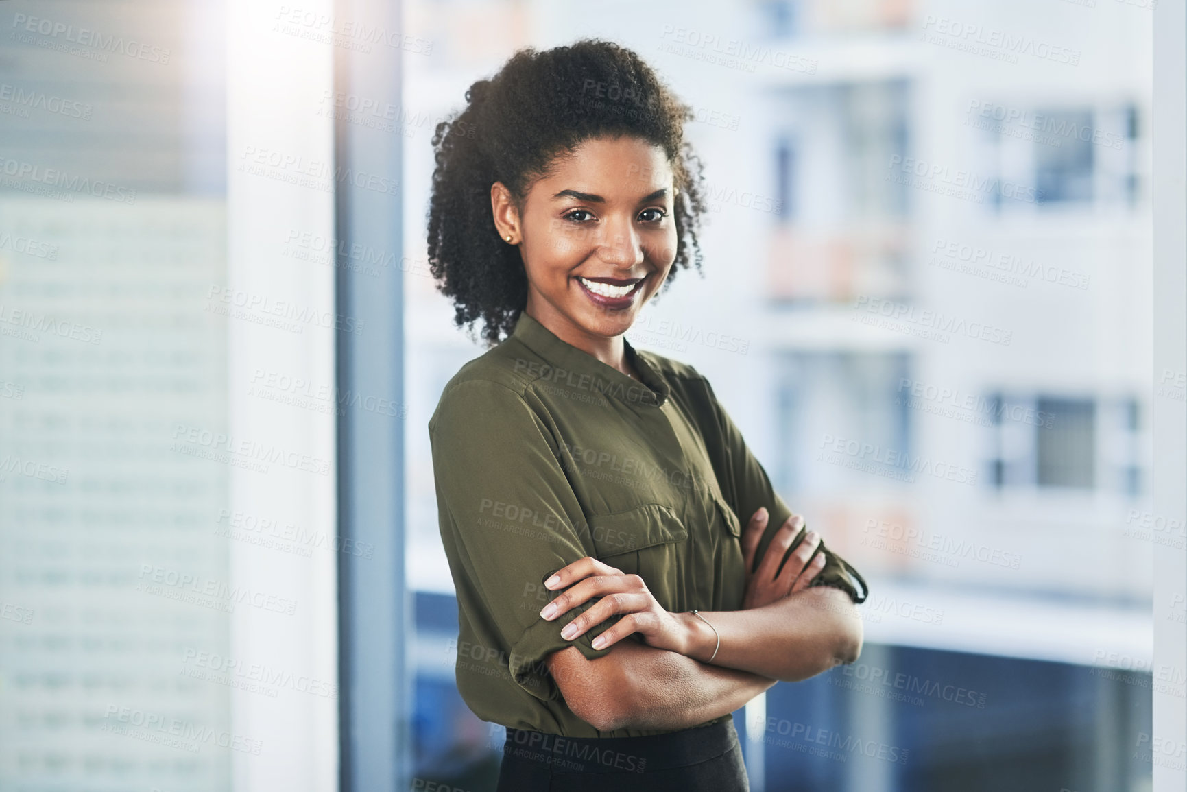 Buy stock photo Happy black woman, portrait and window with confidence in job or career for business management at office. Female person or young creative with smile for pride, ambition or startup at workplace