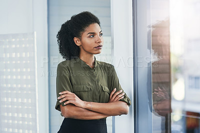 Buy stock photo Window, thinking and business woman with arms crossed in office for idea, memory or planning solution. Remember, reflection or African manager with problem solving focus, pride or insight inspiration