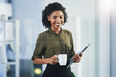 Buy stock photo Coffee, documents and portrait of business black woman in office for planning, project research and notes. Creative company, insurance and happy worker with paperwork for career, working and job