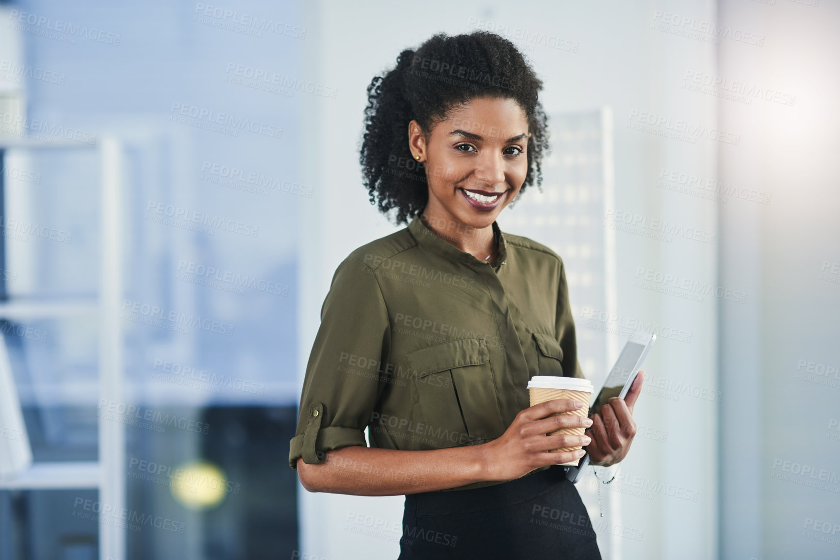 Buy stock photo Portrait of a young businesswoman holding a cup of coffee and a digital tablet in her office