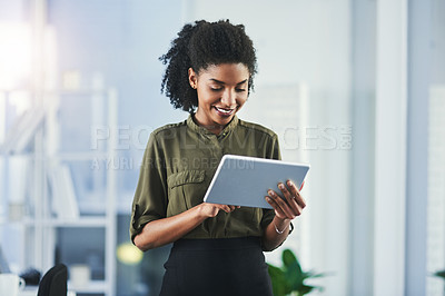 Buy stock photo Tablet, online and business black woman in office for planning, networking and email communication. Corporate, consultant and person on digital tech for project, research and website in workplace