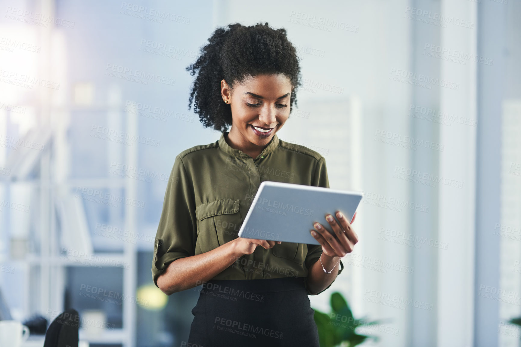 Buy stock photo Tablet, online and business black woman in office for planning, networking and email communication. Corporate, consultant and person on digital tech for project, research and website in workplace