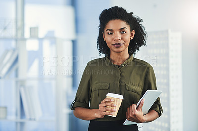 Buy stock photo Portrait of a young woman holding a cup of coffee and a digital tablet in her office