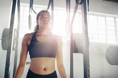 Buy stock photo Sweat, fitness and woman in gym with weights for intense training, exercise and bodybuilder workout. Sports, athlete and person breathe, sweat and fatigue for wellness, muscle and health in morning