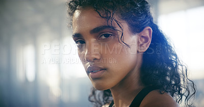 Buy stock photo Sweating, woman and face taking a break from fitness, exercise and workout with mockup. Gym, Indian female person and serious portrait of an athlete after sports and wellness club training for health